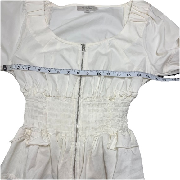 Allsaints‎ Elektra Zip Front Top Women's Size 6 Puff Sleeve Smocked Waist White - Picture 4 of 8
